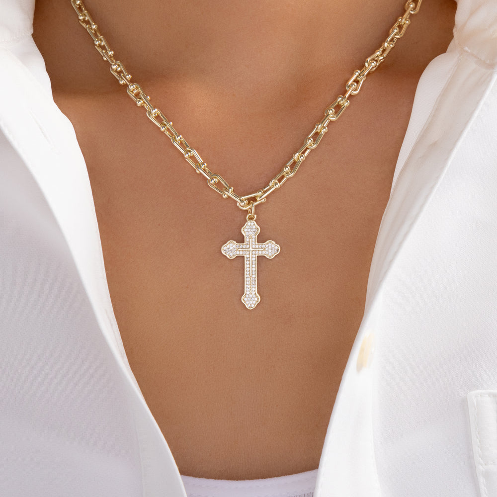 14K Crystal Cross & Link Necklace