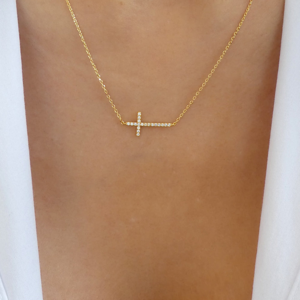 18K Crystal Melina Side Cross Necklace