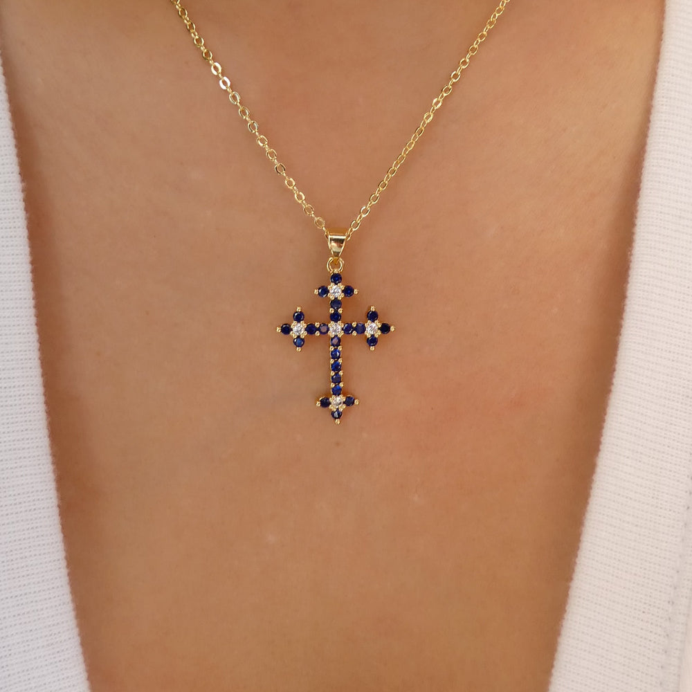Crystal Lvena Cross Necklace (Blue)