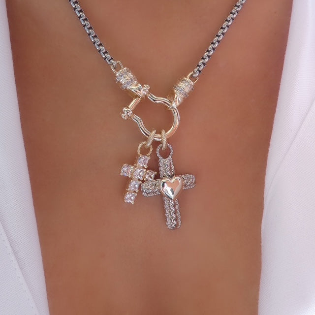 Silver & Gold Double Cross Pendant Necklace