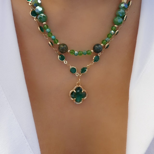 Beaded Layer Steffy Necklace (Emerald)