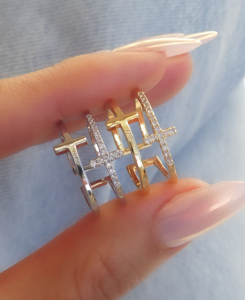 Double Crystal Cross Ring (Silver)