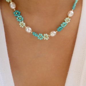 Amber Flower & Pearl Necklace (Turquoise)