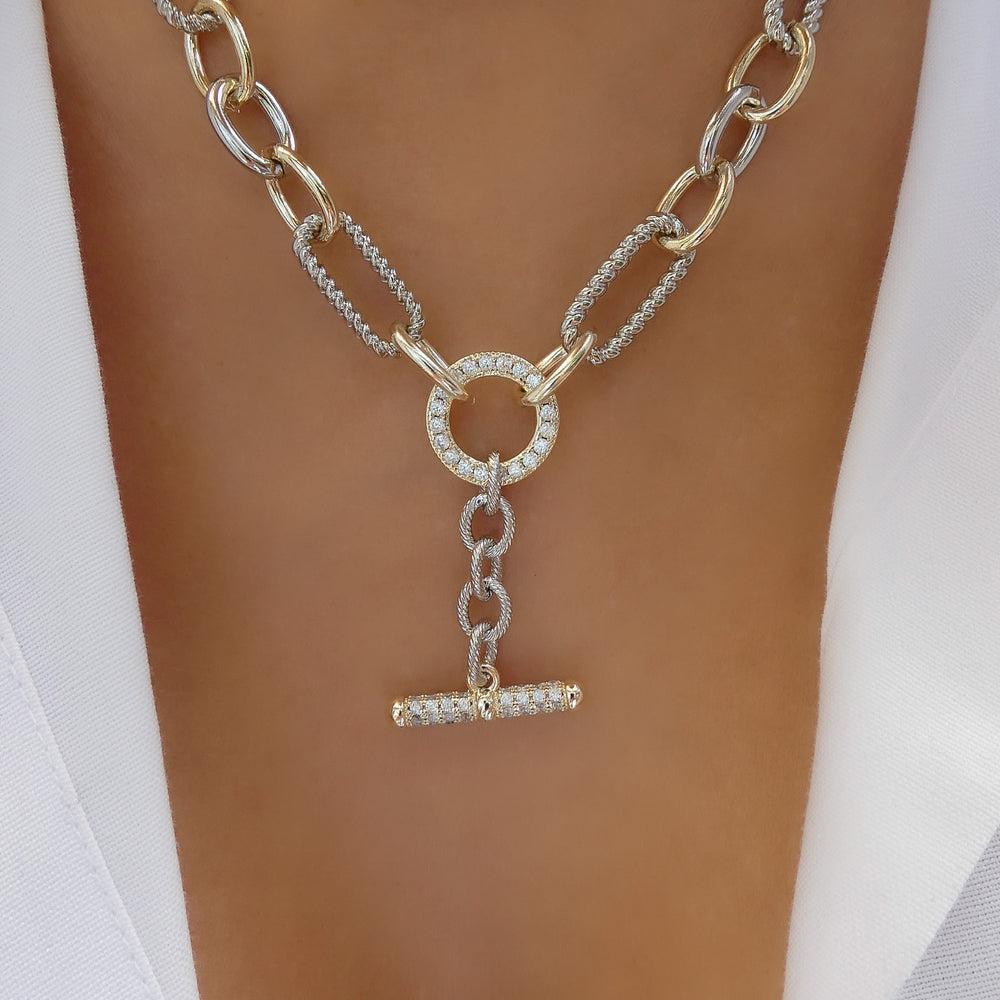 Silver & Gold Crystal Pendant Link Necklace