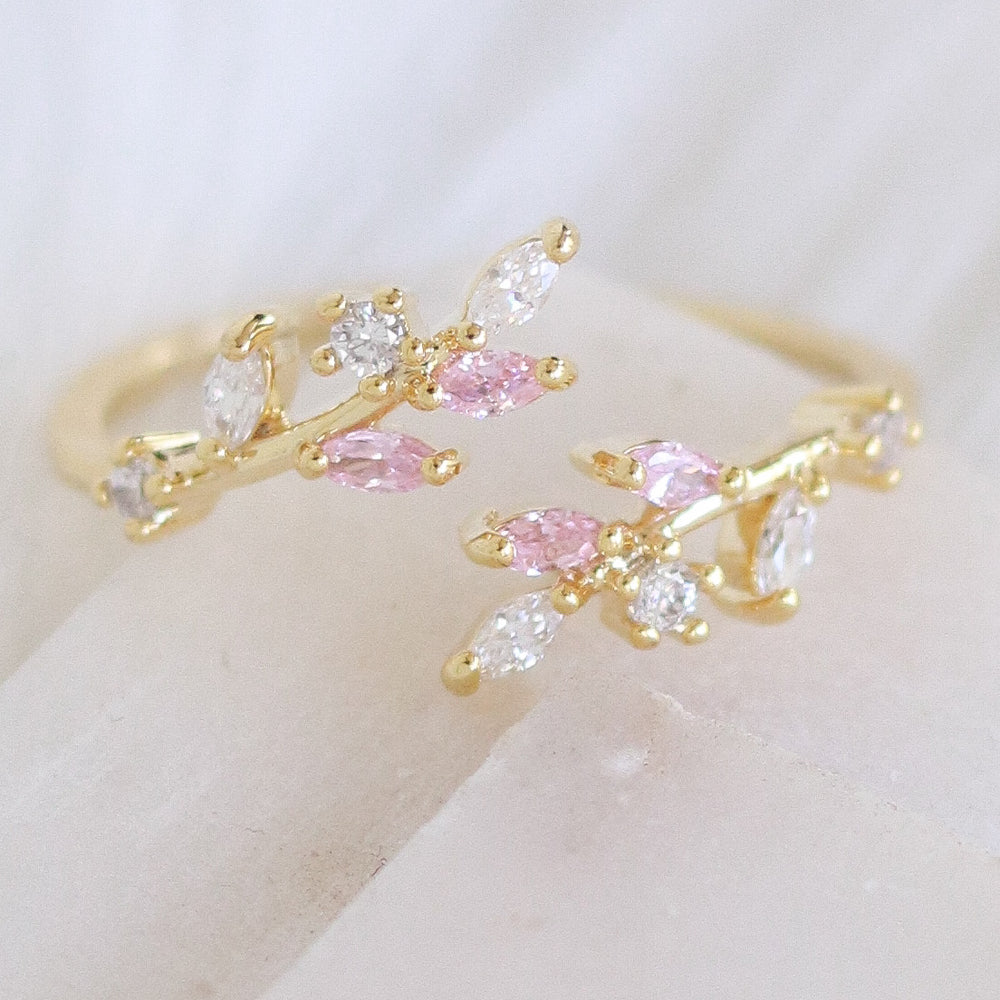 Pink Crystal Leaf Ring