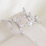 Crystal Leaf Pearl Ring (Silver)