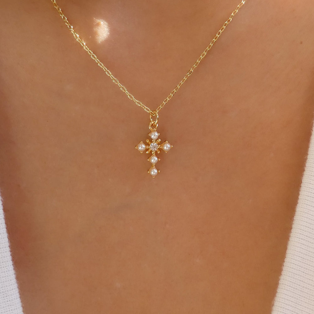 Mini Pearl & Crystal Cross Necklace