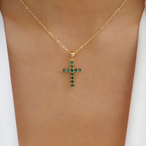 Crystal Paris Cross Necklace (Emerald)