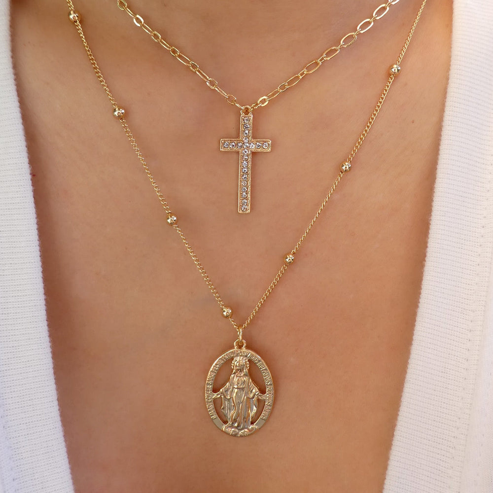 Mary & Crystal Cross Necklace
