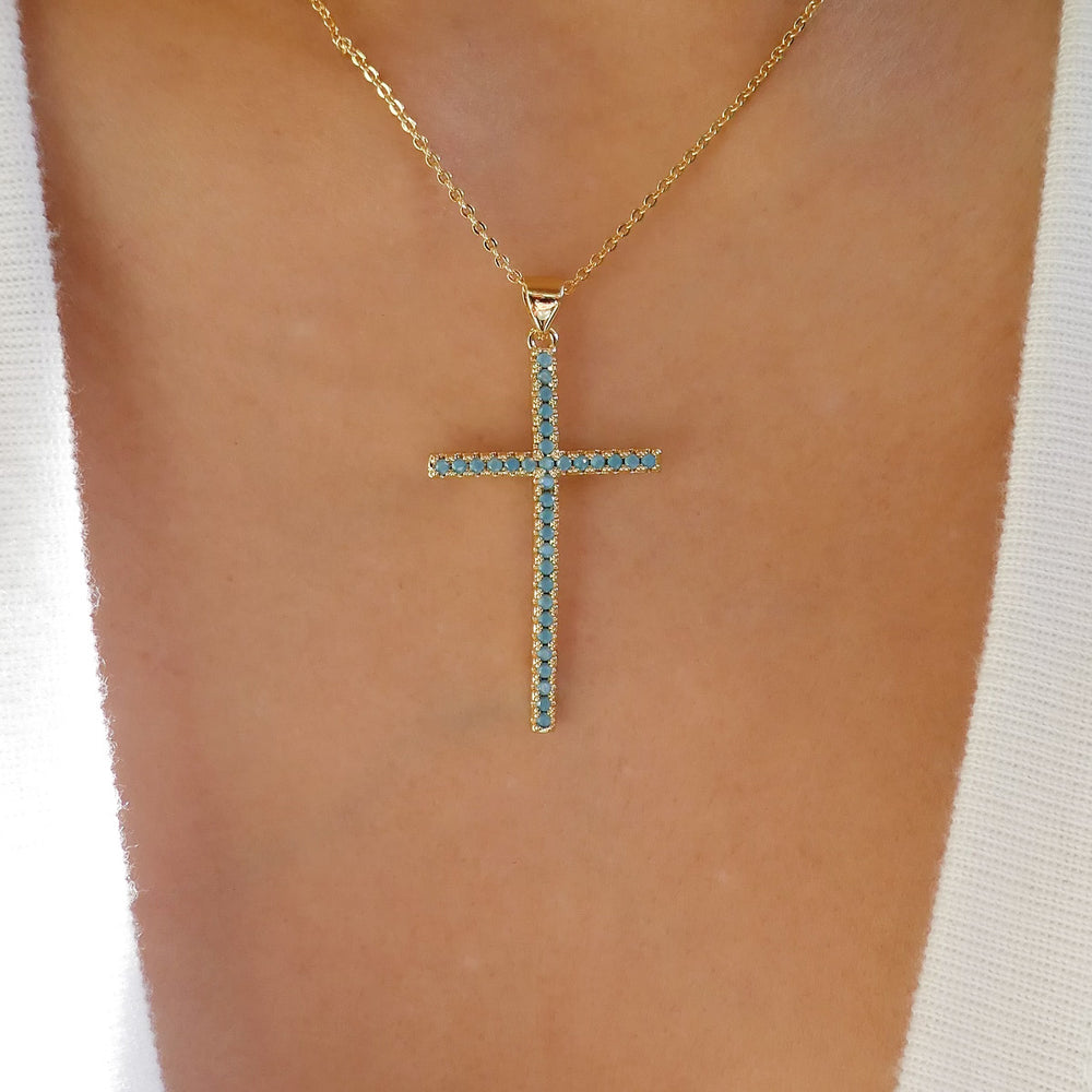 Crystal Stevie Cross Necklace (Turquoise)
