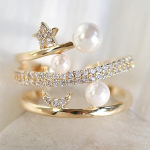 Star & Moon Pearl Ring