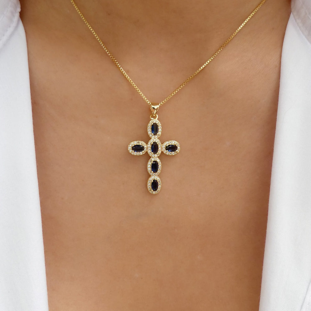 Crystal Sasha Cross Necklace (Blue)
