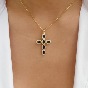 Crystal Sasha Cross Necklace (Blue)