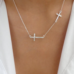 Crystal Double Cross Necklace (Silver)