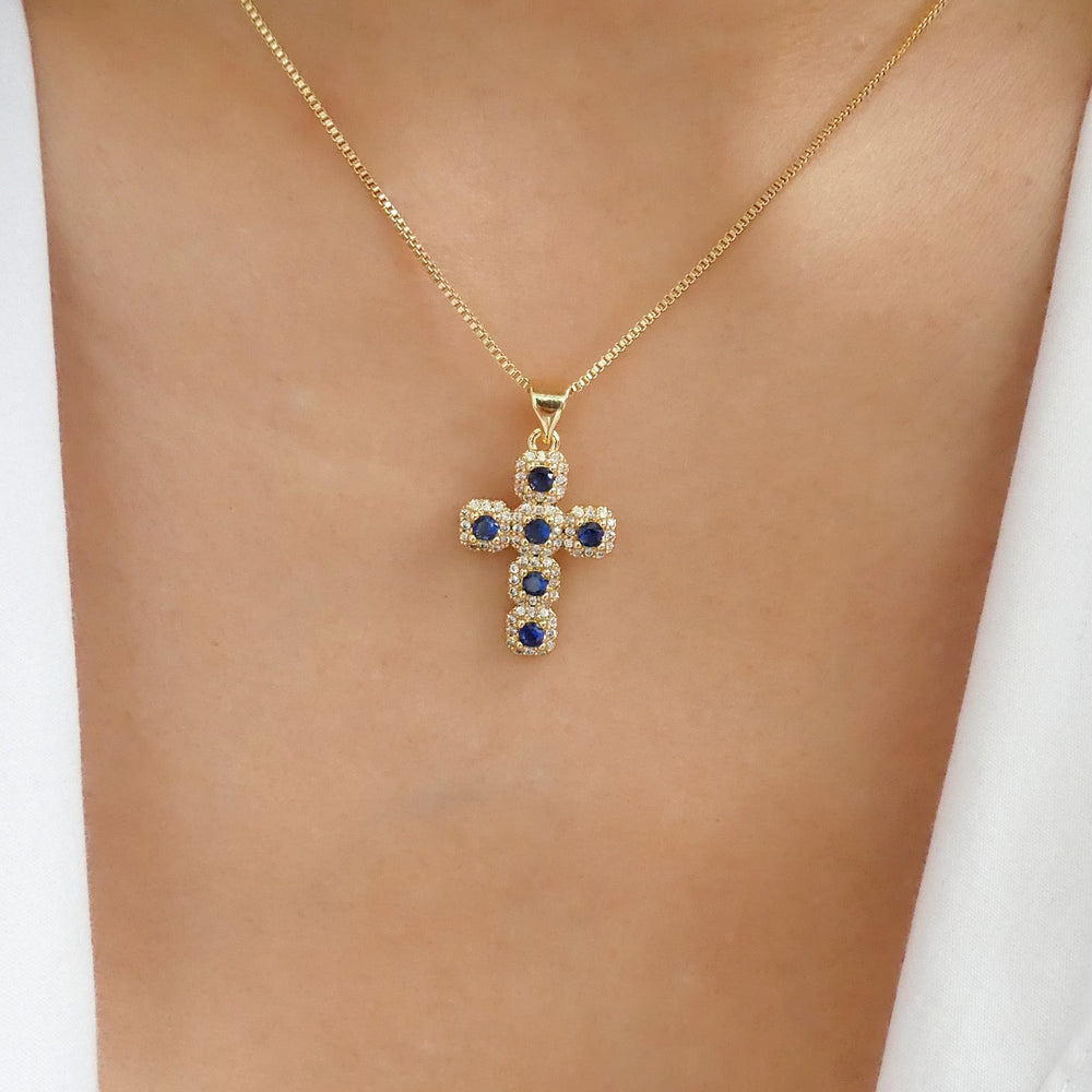 Crystal Bethany Cross Necklace (Blue)