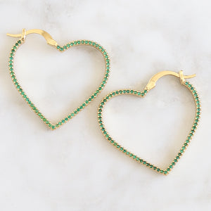 Simple Crystal Heart Hoops (Emerald)