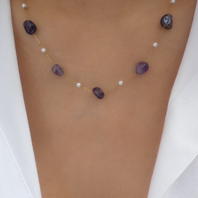 Bead & Pearl Necklace (Purple)