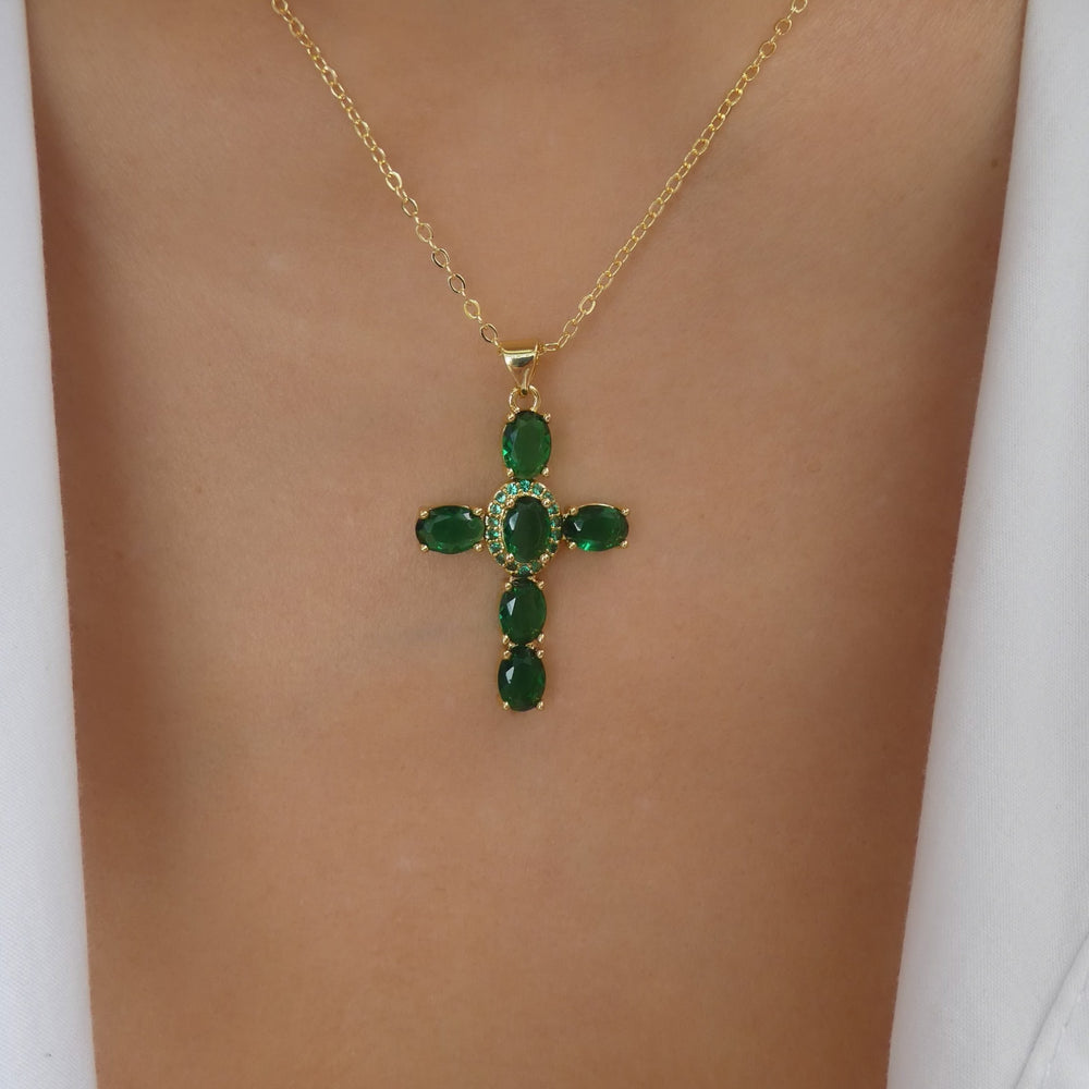 Crystal Darlene Cross Necklace (Emerald)