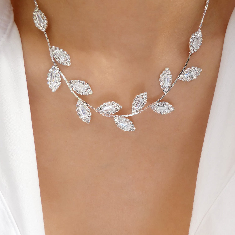 Crystal Leaf Row Necklace (Silver)