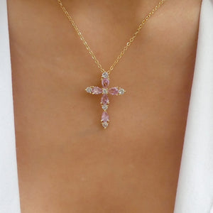 Crystal Tessa Cross Necklace (Pink)