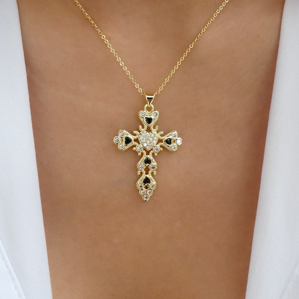 Crystal Heart Cross Necklace (Black)