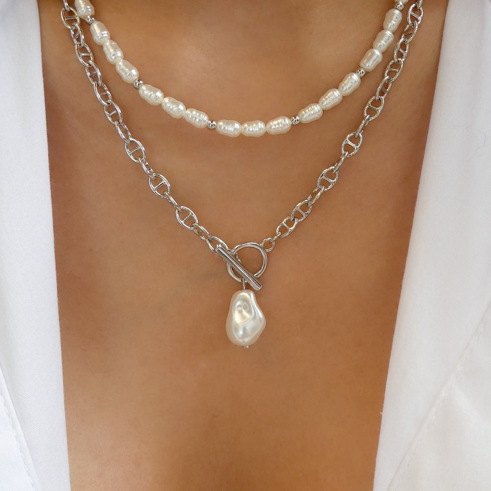 Silver Pearl & Link Necklace Set