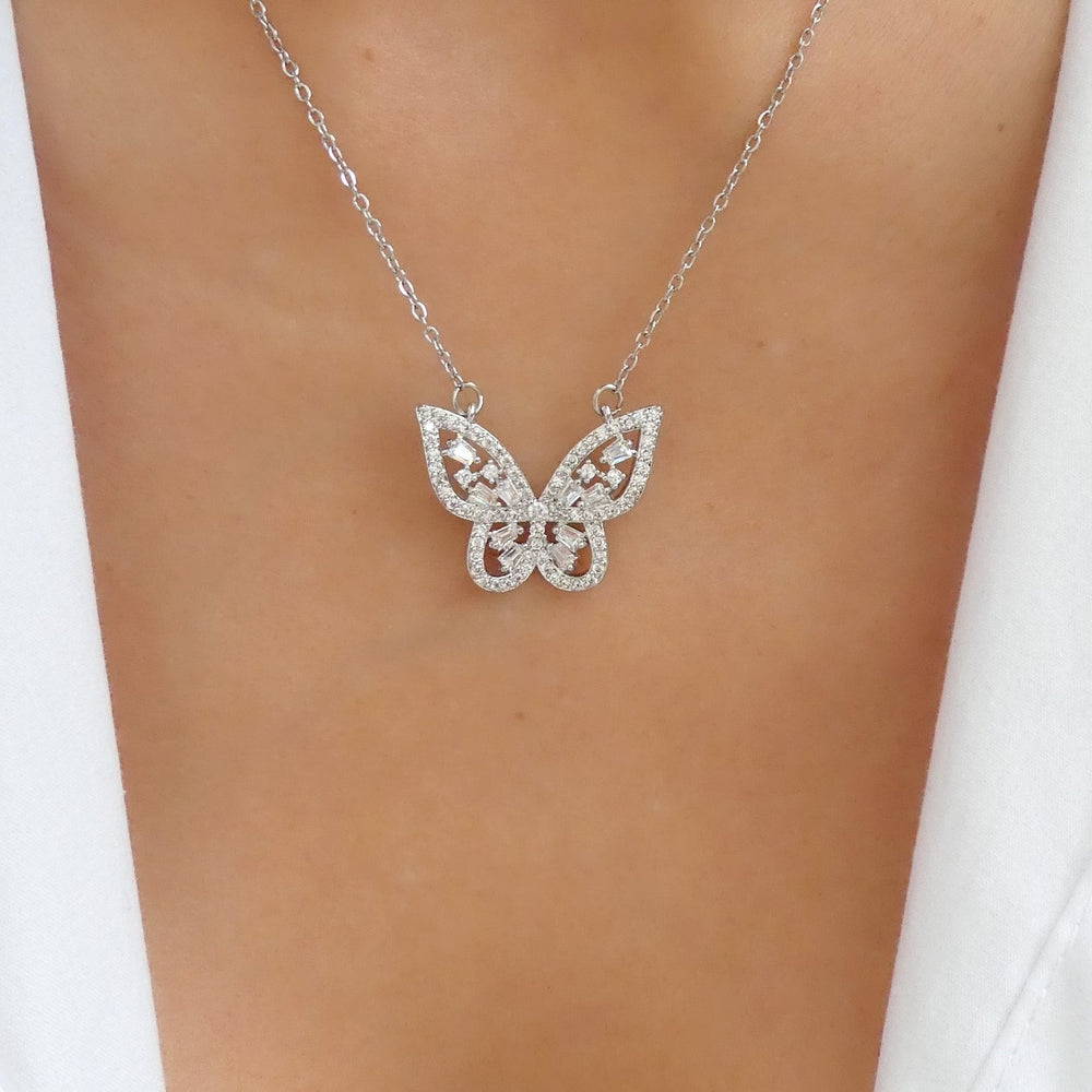 Crystal Arizona Butterfly Necklace (Silver)