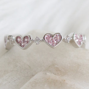 Pink Heart Row Ring (Silver)