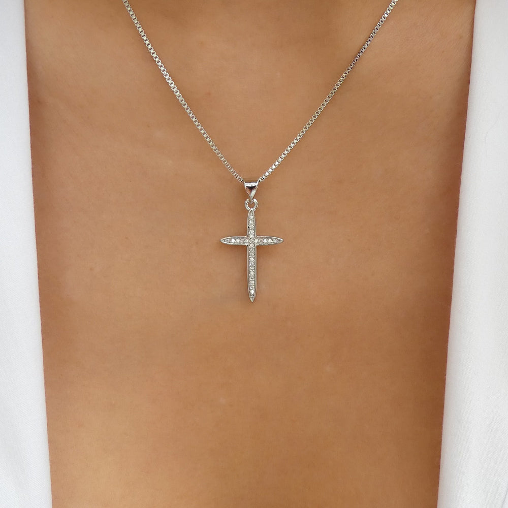Crystal Anthony Cross Necklace (Silver)