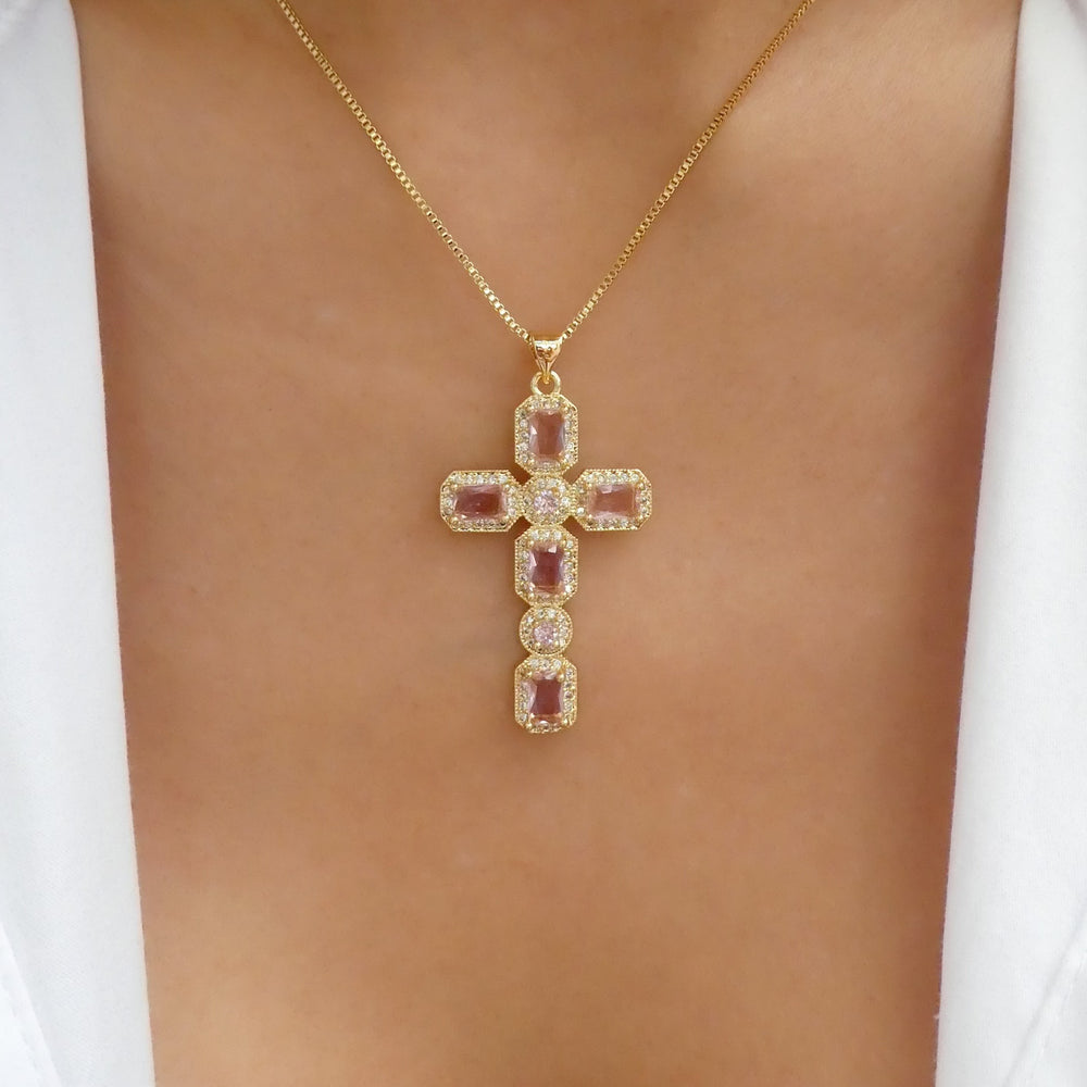Veronica Cross Necklace (Pink)