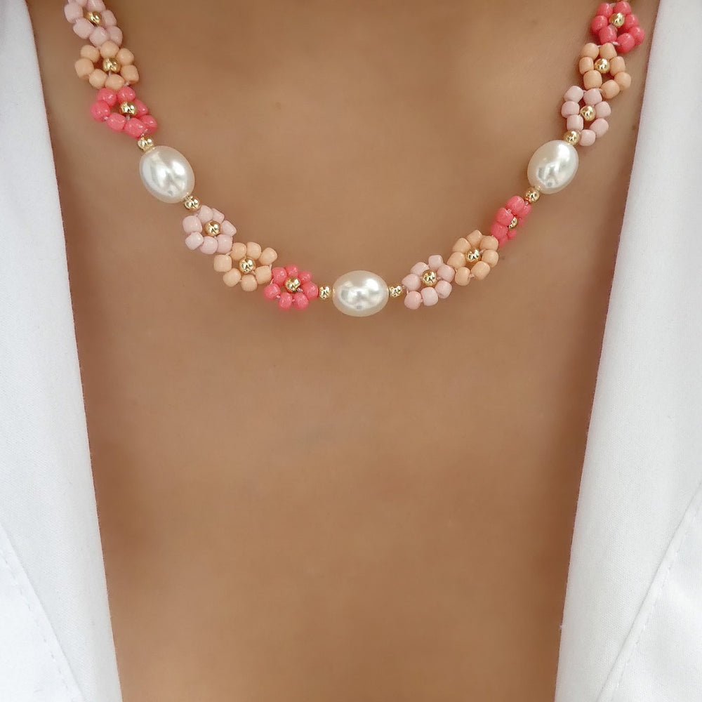 Amber Flower & Pearl Necklace (Coral)