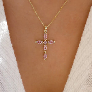 Crystal Jaelyn Cross Necklace (Light Pink)
