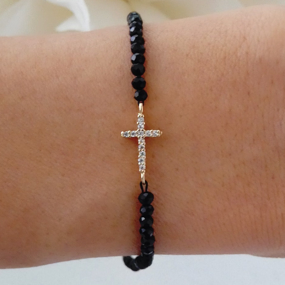 Mini Crystal Cross Bracelet (Black)