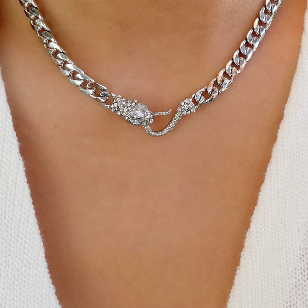 Crystal Snake & Chain Necklace (Silver)