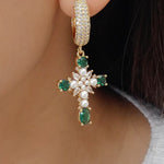 Crystal & Pearl Cross Hoops (Emerald)