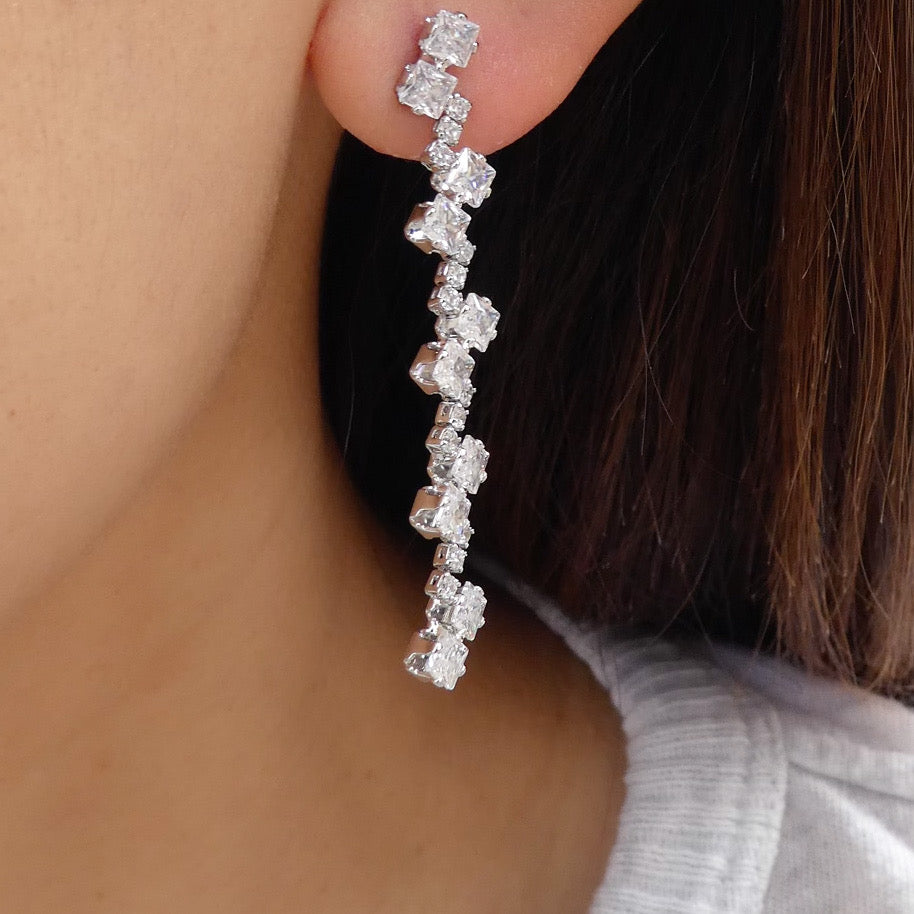 Crystal Square Drop Earrings (Silver)