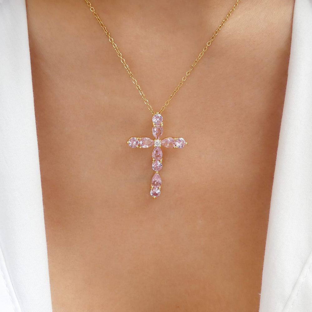 Crystal Malia Cross Necklace (Pink)