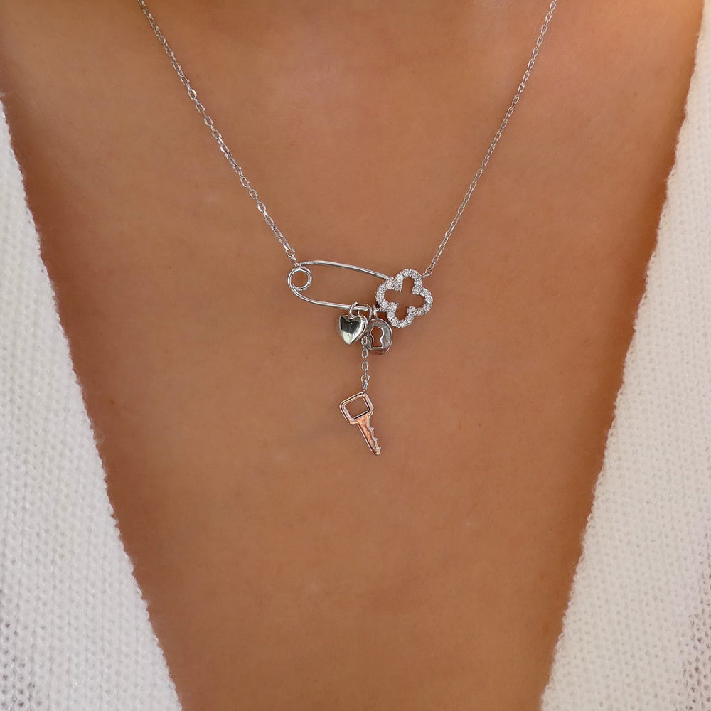 Silver Clover Pin Necklace