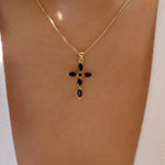 Small Crystal Jaelyn Cross Necklace (Black)