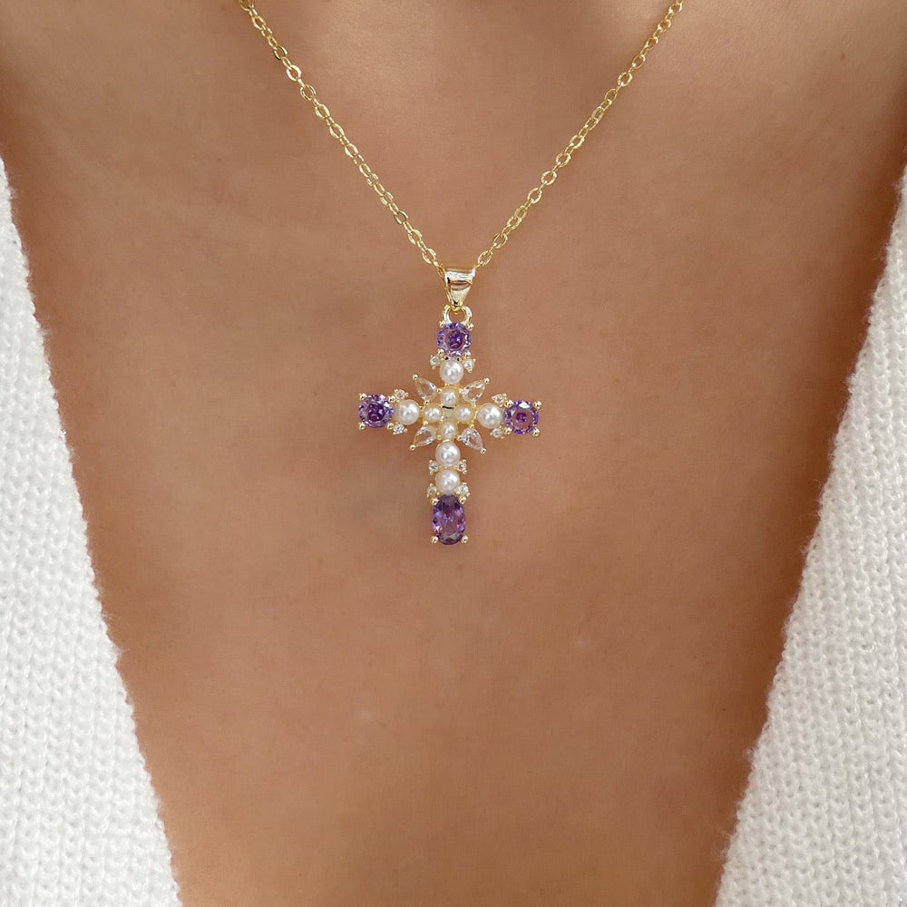Purple & Pearl Cross Necklace
