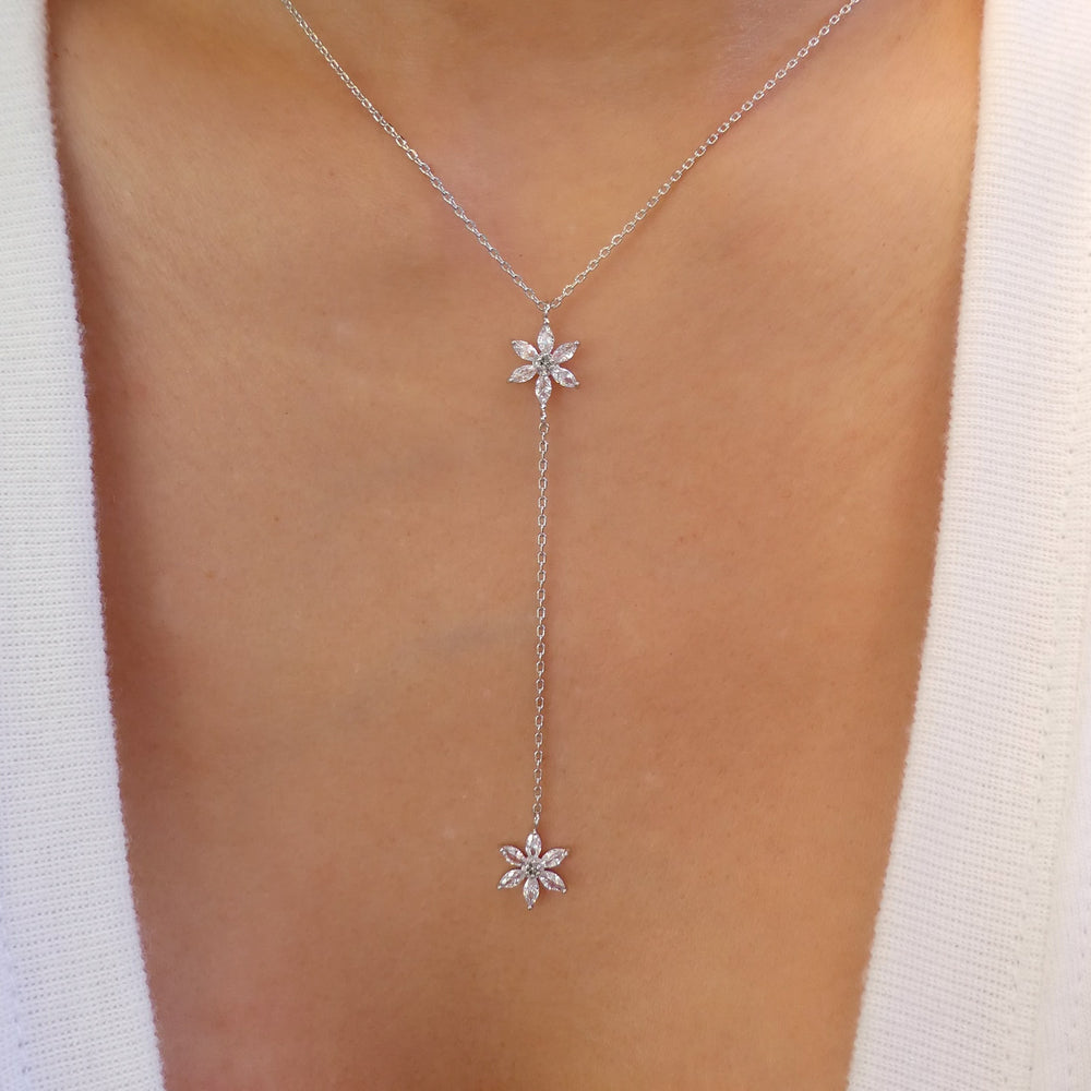 Crystal Flower Drop Necklace (Silver)