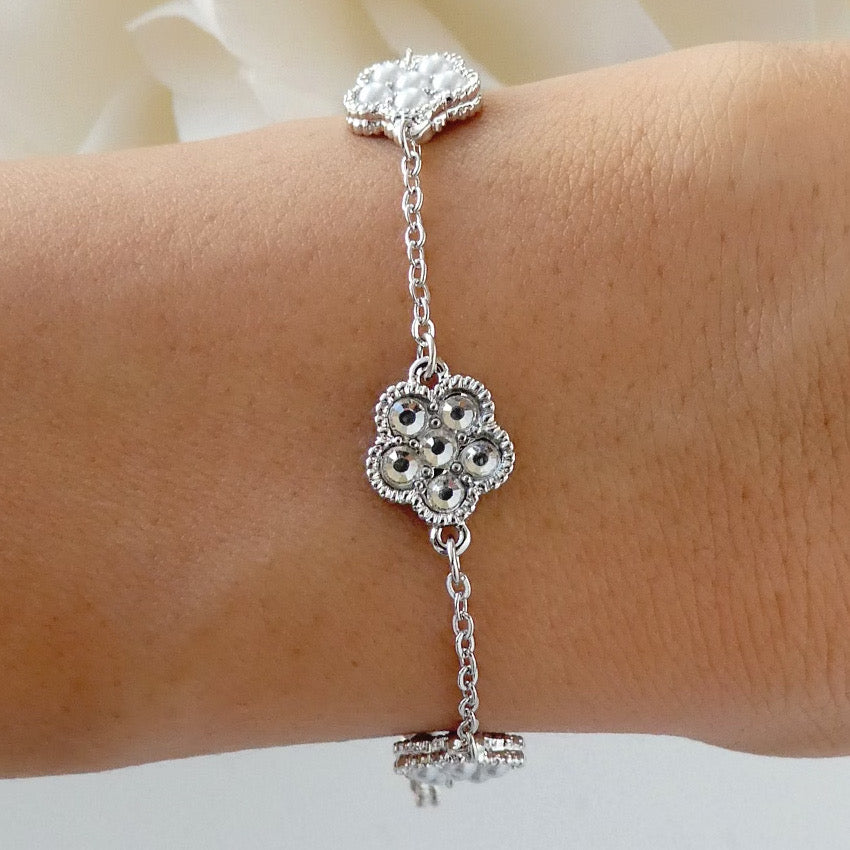 Pearl & Crystal Flower Bracelet (Silver)