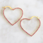 Simple Crystal Heart Hoops (Pink)