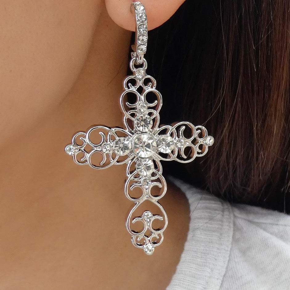 Amelia Crystal Cross Earrings (Silver)