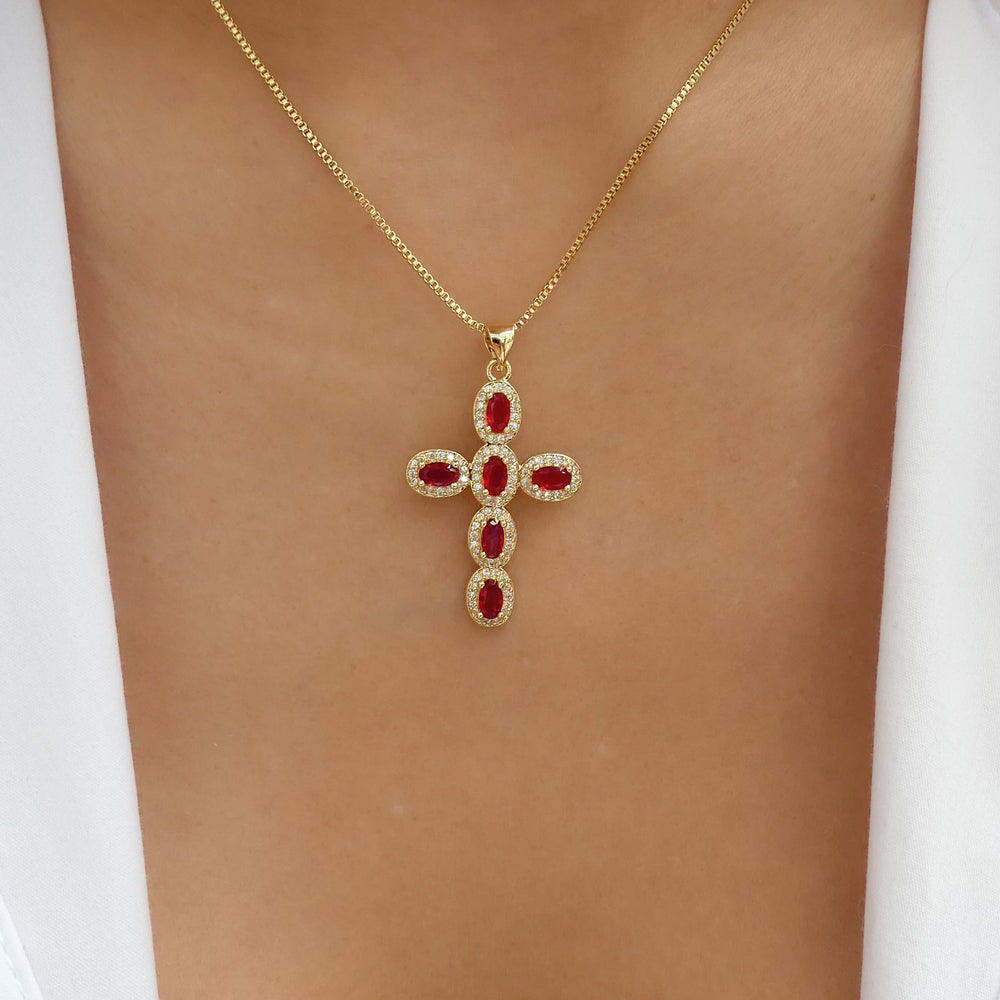 Crystal Sasha Cross Necklace (Red)