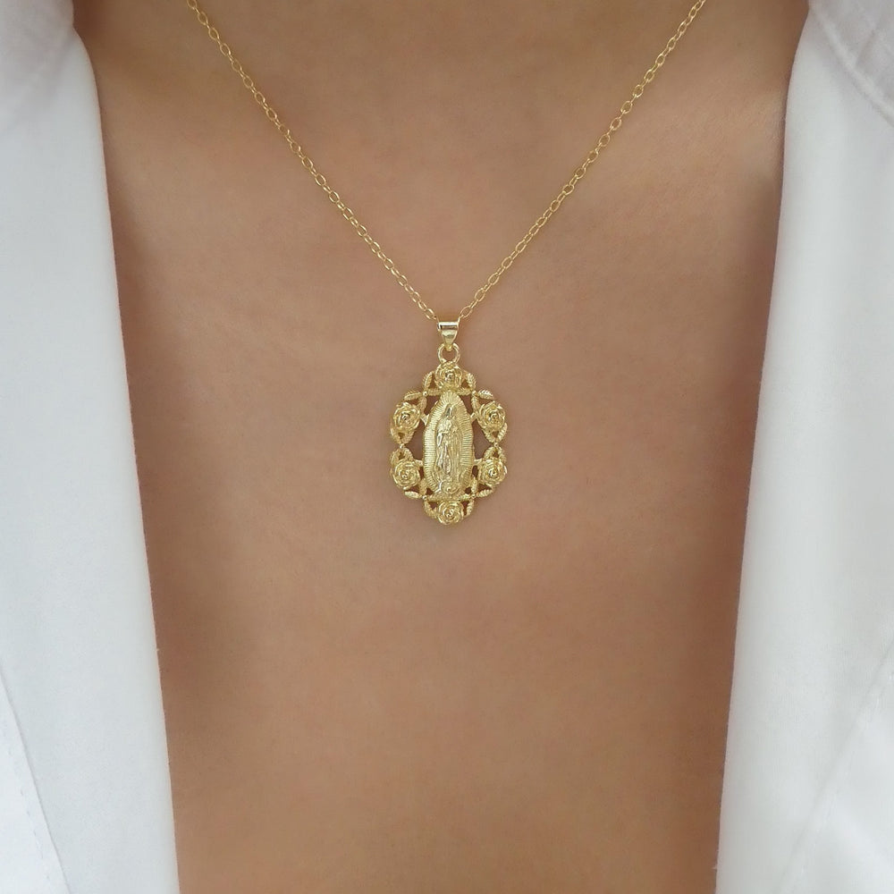 Gold Mary & Flower Necklace