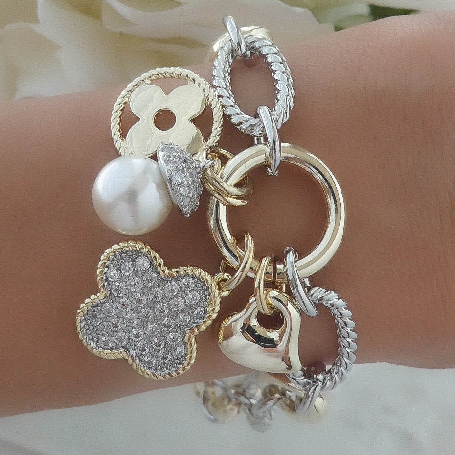 Silver & Gold Steffy Pearl Charm Bracelet
