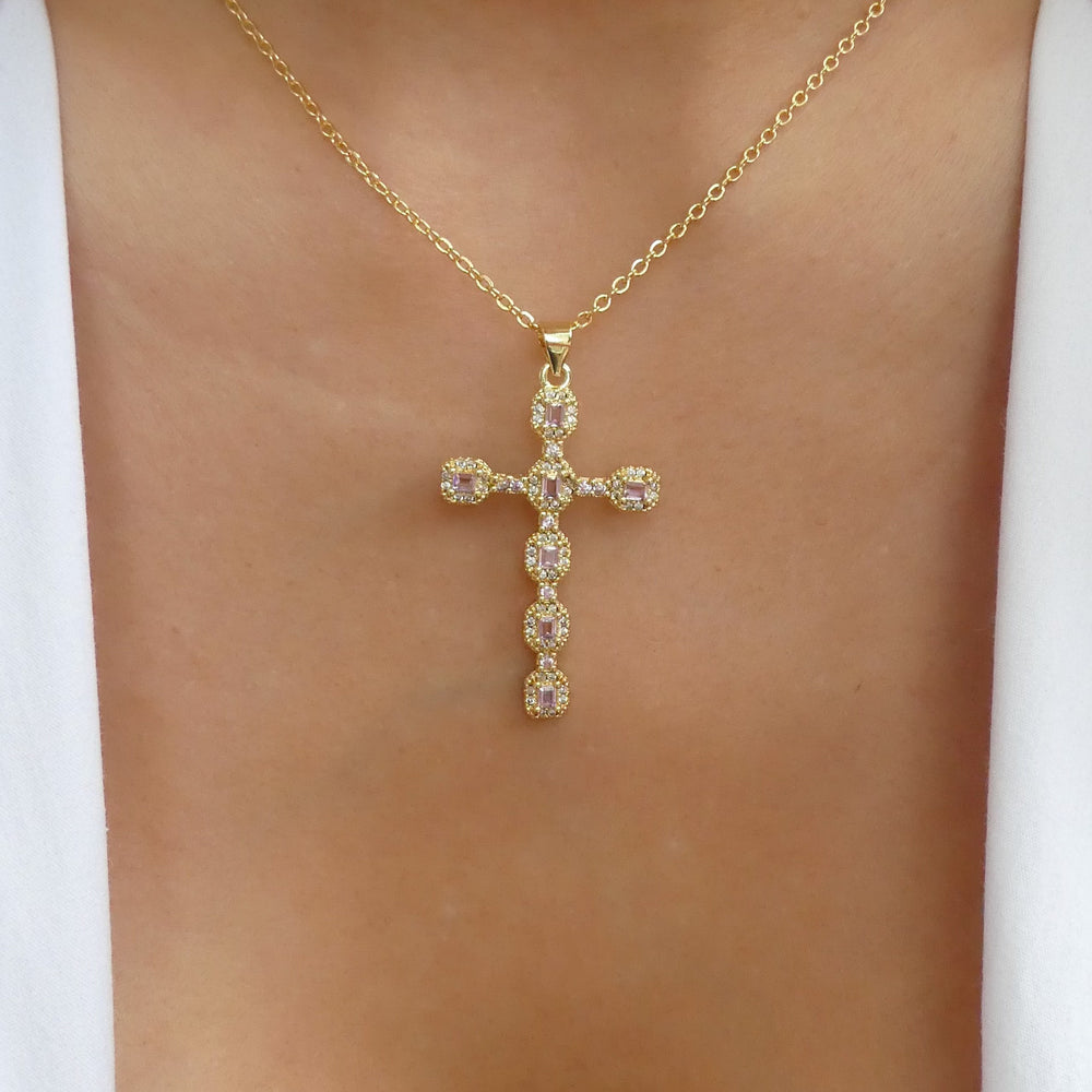 Crystal Sandy Cross Necklace (Light Pink)