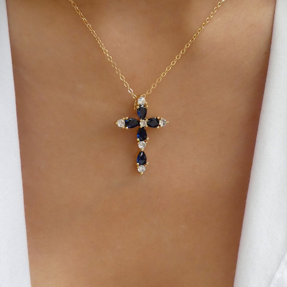 Crystal Tessa Cross Necklace (Blue)