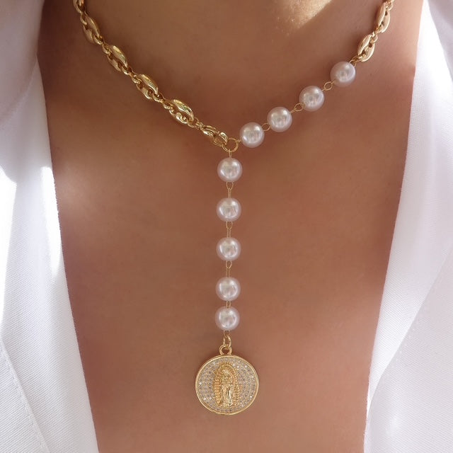Pearl & Crystal Mary Drop Necklace